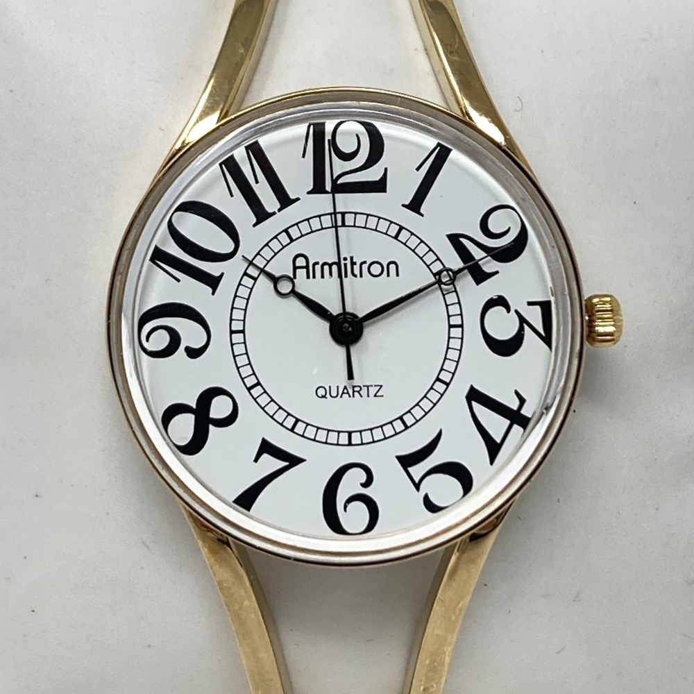 Vintage Armitron Watch Women 32mm Gold Tone Hinged Cuff Retro New Battery 7.5"